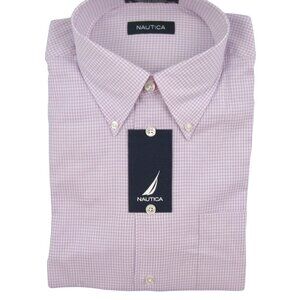New Nautica Fine Dress Shirt 16 34 35 Large White & Lavender Gingham Long Sleeve